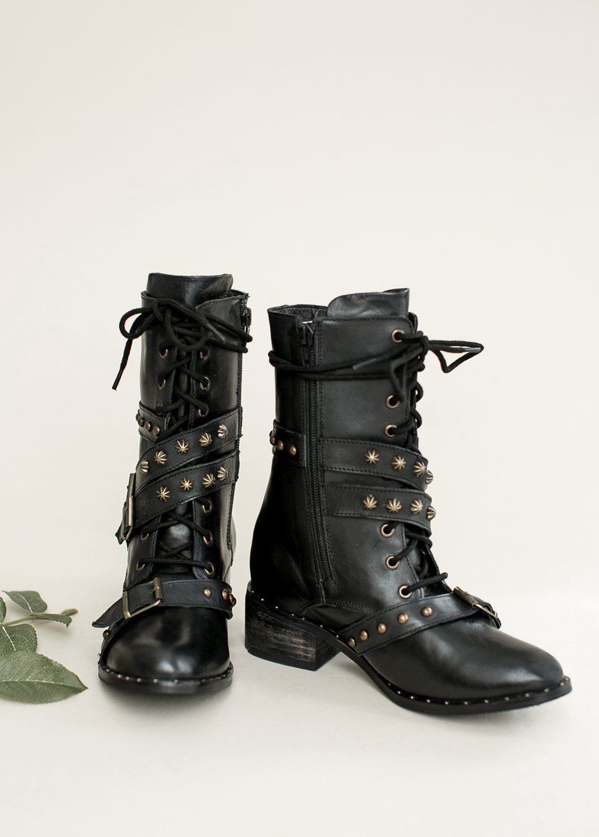 Rory Leather Combat Boot in Distressed Black
