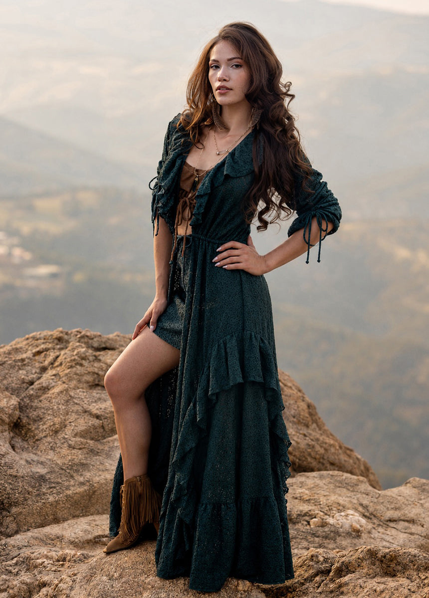 bohemian clothing dresses Monaco Long dress with lace and ruffles, 3/4 sleeves Model is 59 Womens Floral Maxi Dresses |