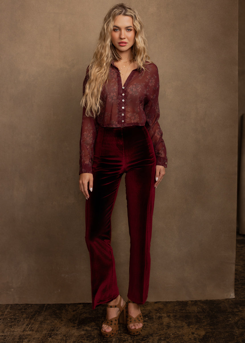 Agnecia Top in Burgundy Floral Print