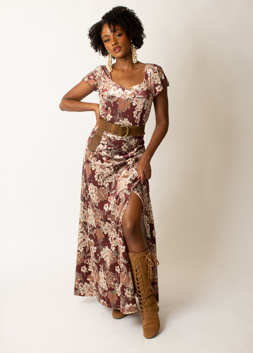 Anastasia Maxi Dress in Currant Floral | Joyfolie | Front View