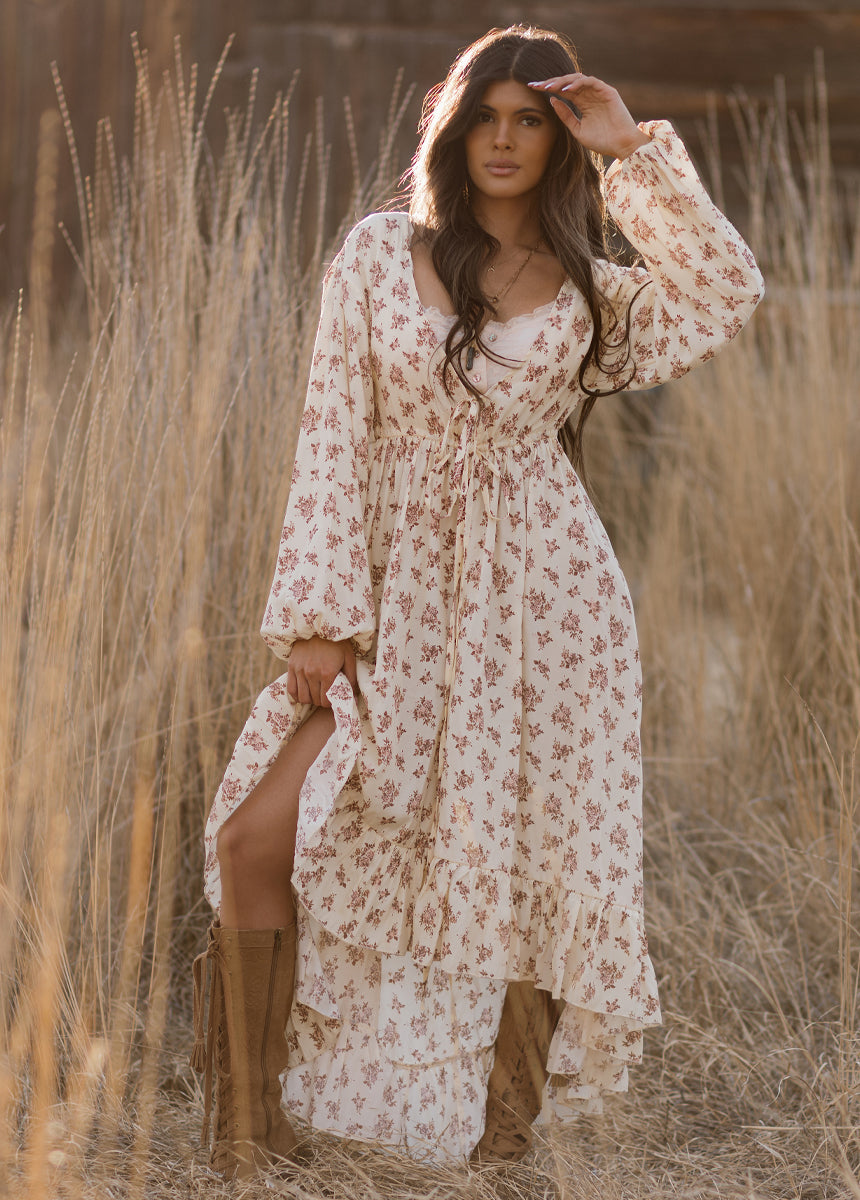 boho floral dress Joyfolie Women's Beri Dress in Cream Floral, Extra Large
