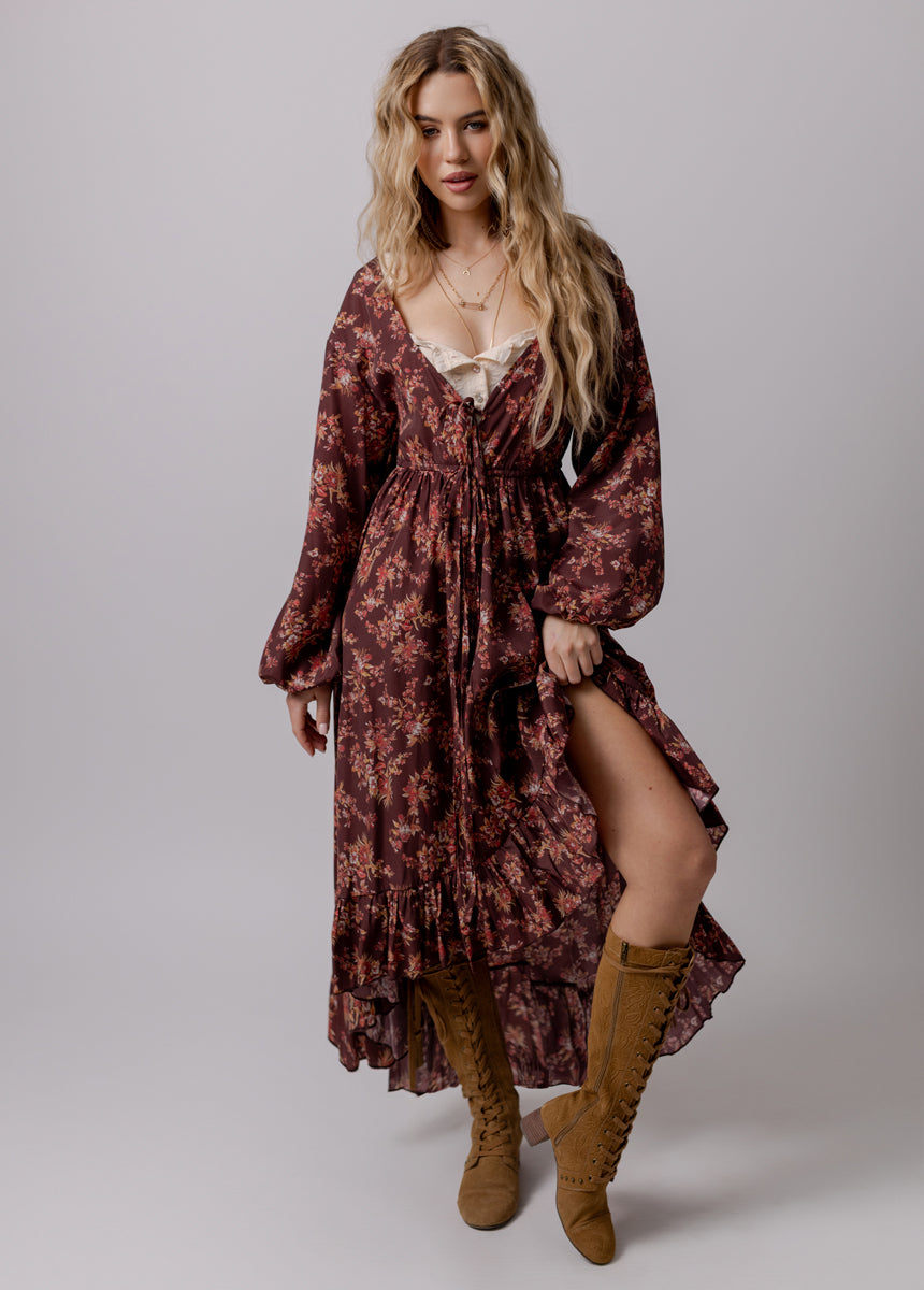 burgundy floral maxi dress Joyfolie Women's Beri Dress in Burgundy Floral, Extra Small