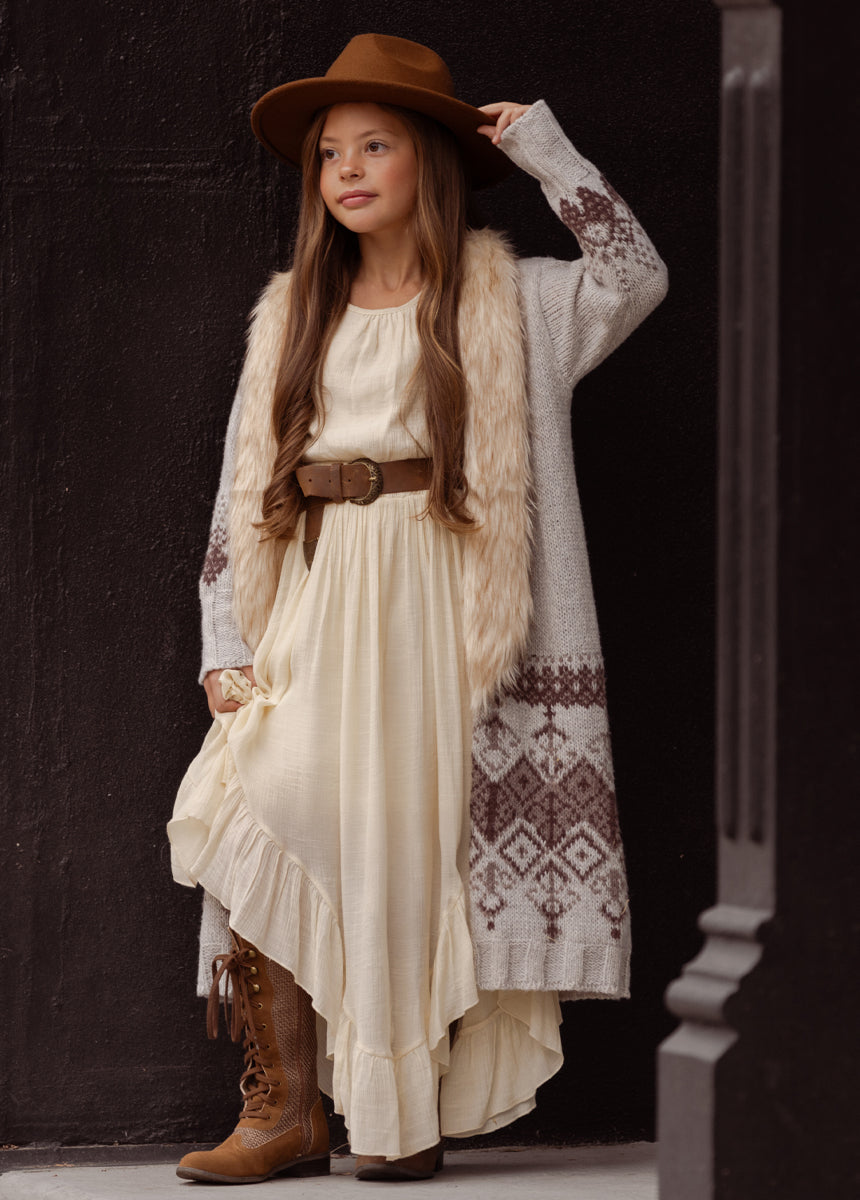 white dress with brown boots Joyfolie GirlsBriley Maxi Dress in Cream, Size 4