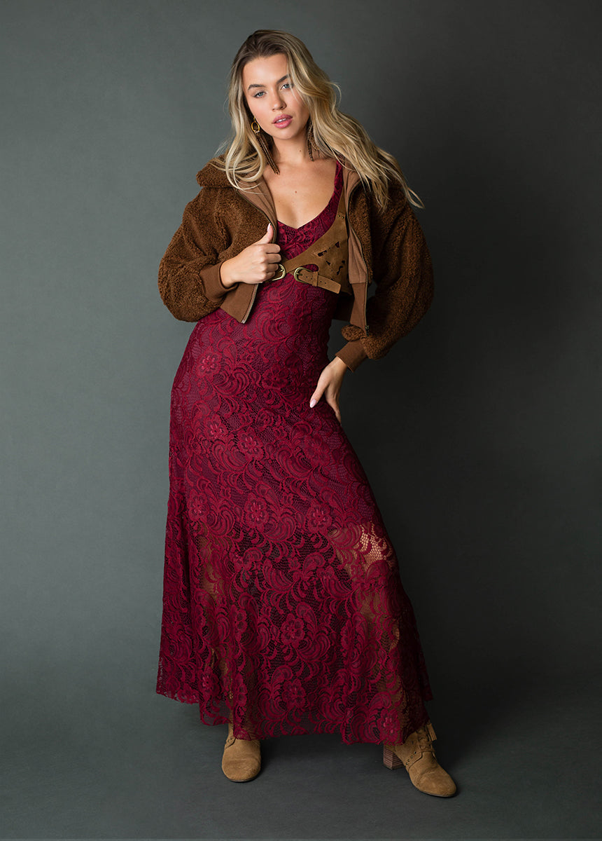 Joyfolie Women's Carmel Slip Dress in Burgundy, Extra Small