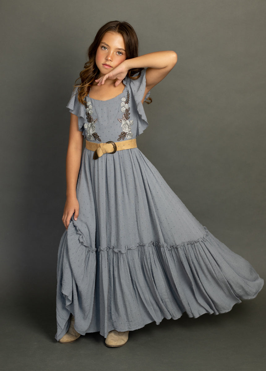 dusty blue fall dress AW.Bridal A-line V-Neck Floor Length Sleeveless Pleat Ruffles Tiered Long Bridesmaid Dresses Dress Light Dusty Blue Size 6