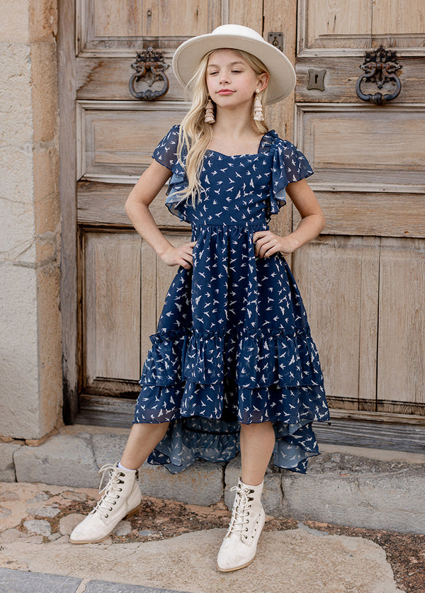 Dimia Dress Navy Bird Floral - Joyfolie