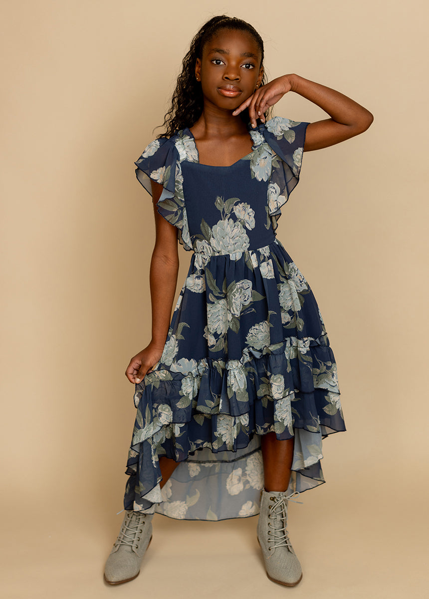 Joyfolie Girls Dimia Maxi Boho Dress in Large Navy Floral, Size 7 Joyfolie Girls Dimia Maxi Boho Dress in Large Navy Floral, Size 7