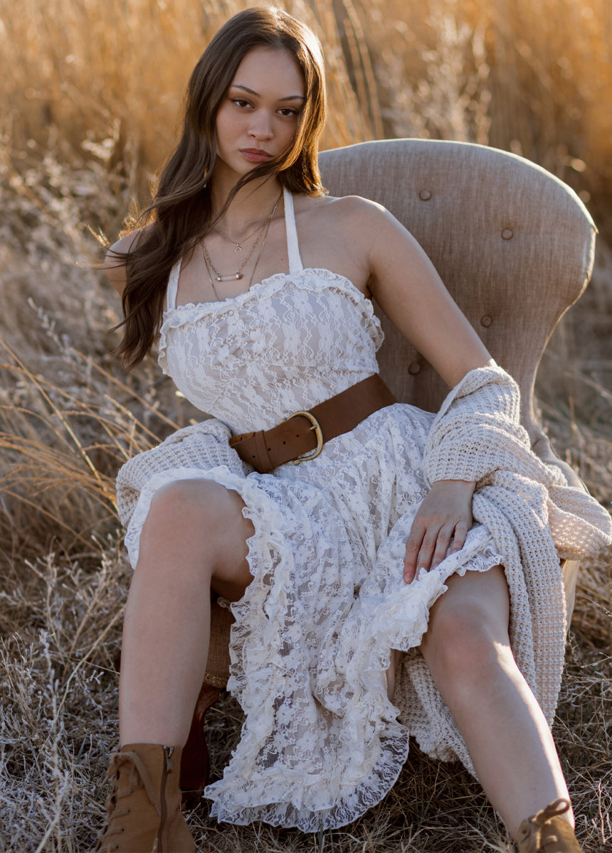 dress in cream Perdita Long Sleeve Lace Maxi | | Womens LENZING ECOVERO viscose fibres omit 50% less greenhouse gas emissions and utilise less water than conventional viscose. In bloom @FashionNova ,