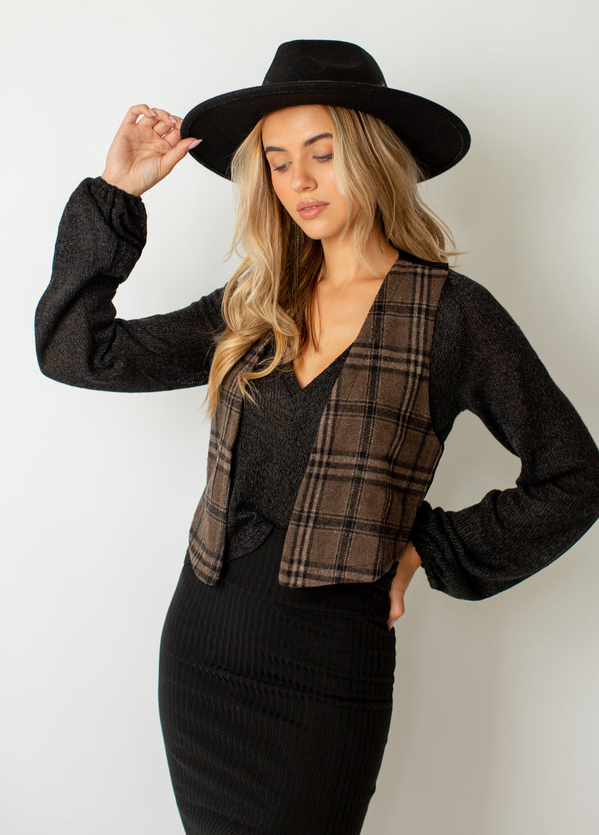 Mikah Vest in Dark Taupe Plaid