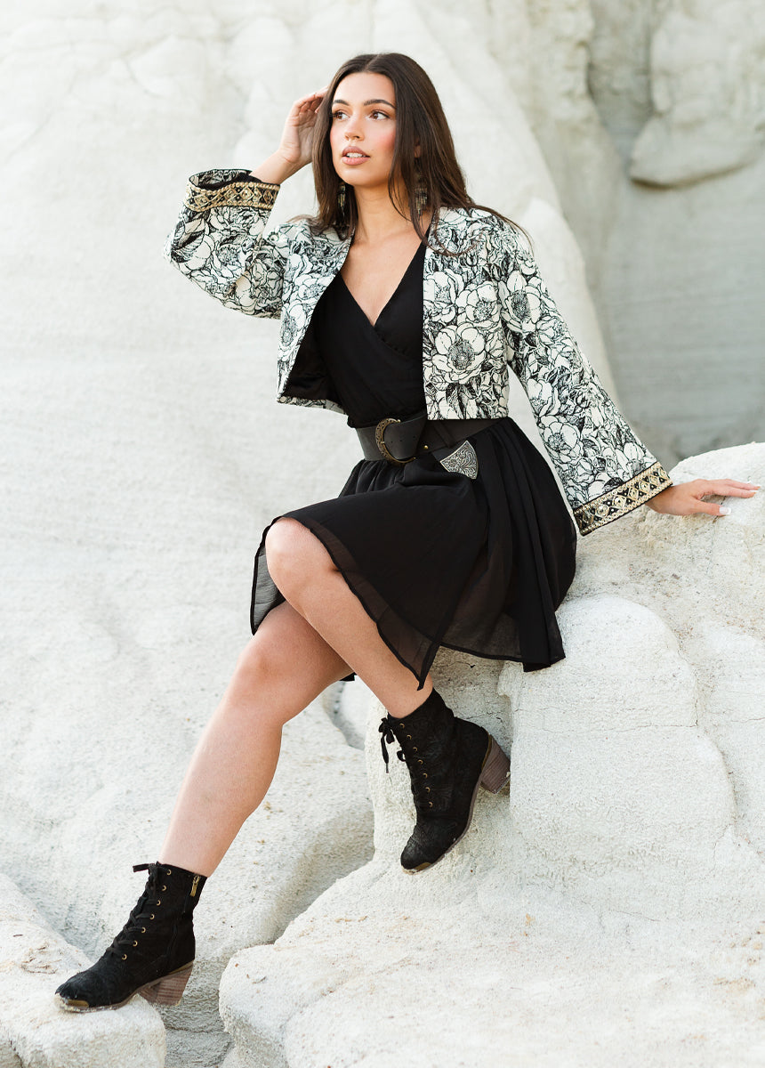 Clove Cardi in Neutral Brocade