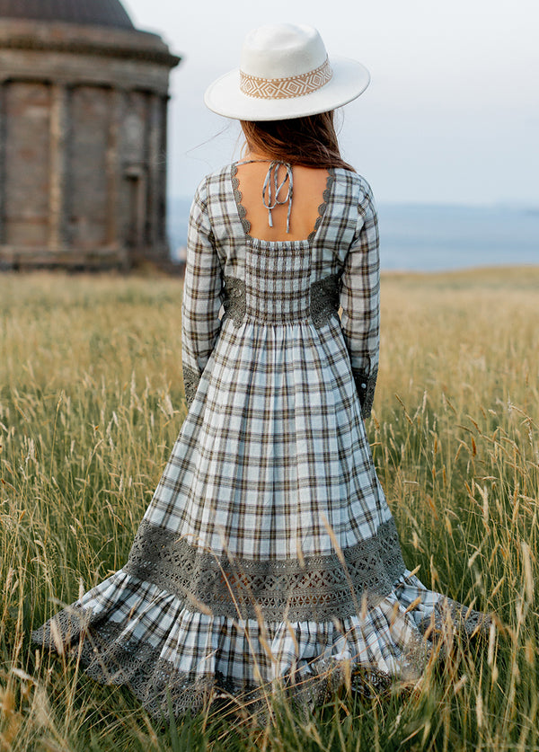 Rosi Dress in Smoke Blue Plaid | Boho Plaid Maxi Dress| Joyfolie