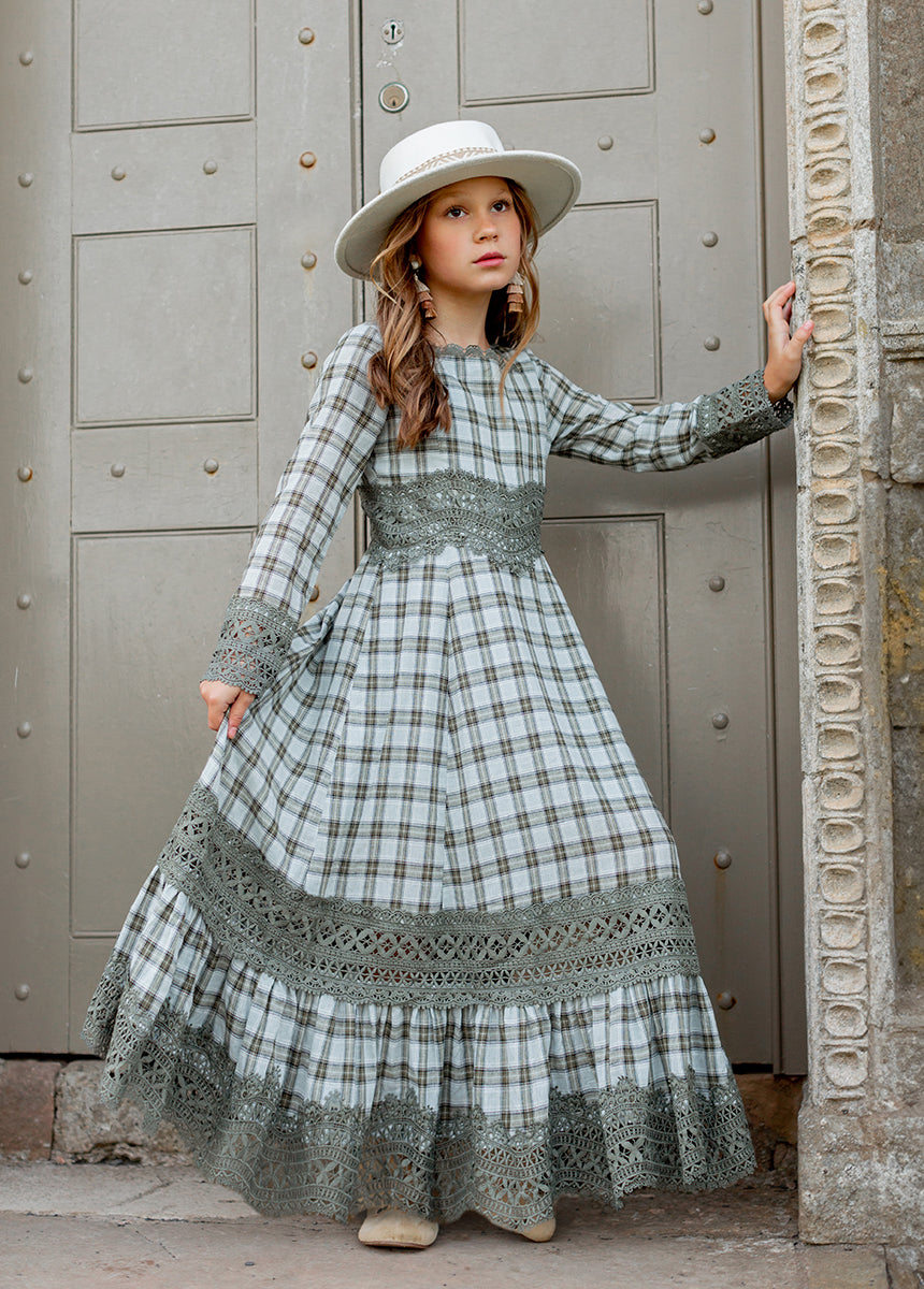Rosi Dress in Smoke Blue Plaid Boho Plaid Maxi Dress| Joyfolie
