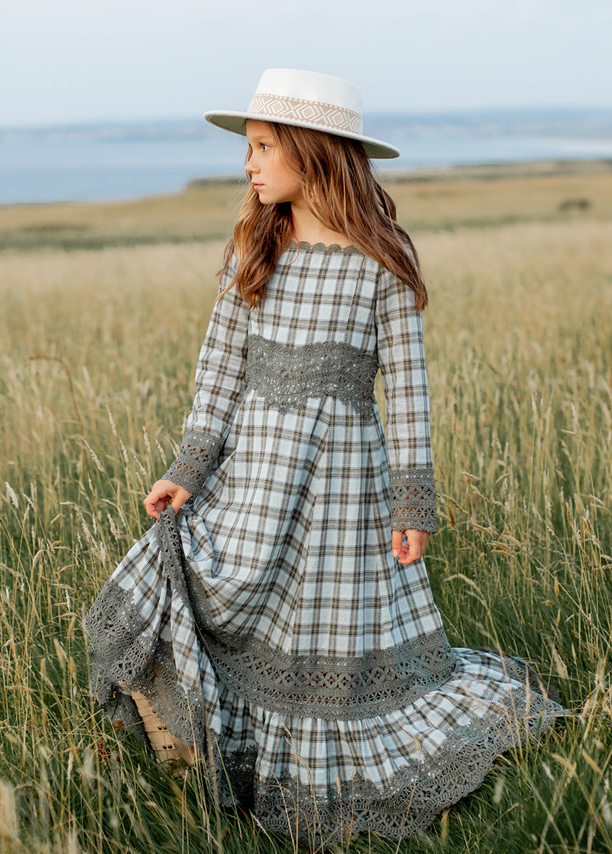 plaid maxi dress Rosi Dress in Smoke Blue Plaid