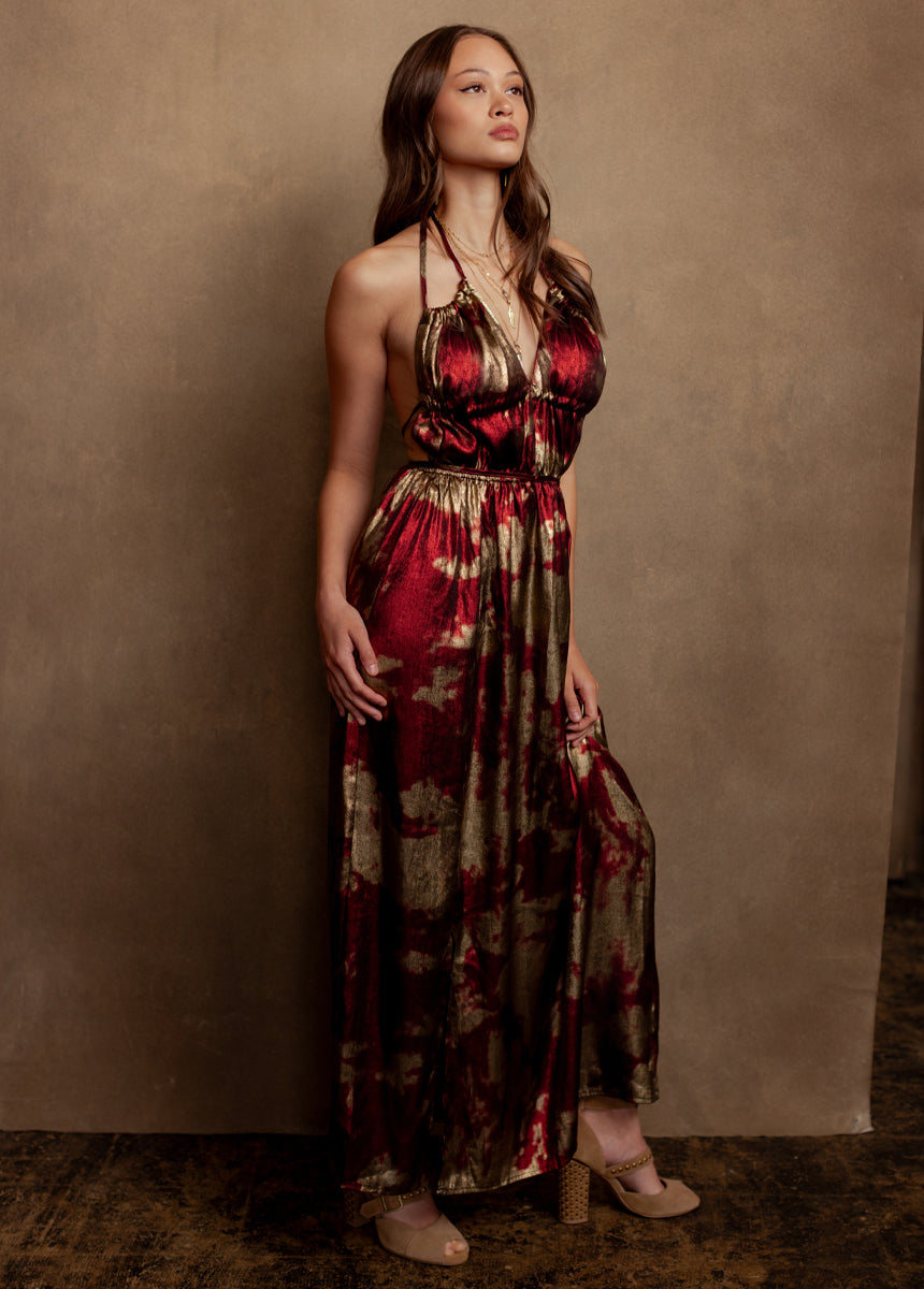Gail Dress in Gold/Crimson