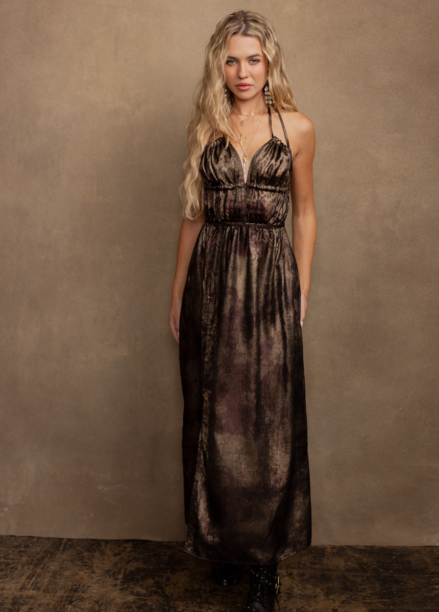Gail Dress in Bronze/Brown - Joyfolie Gail Dress in Bronze/Brown - Joyfolie