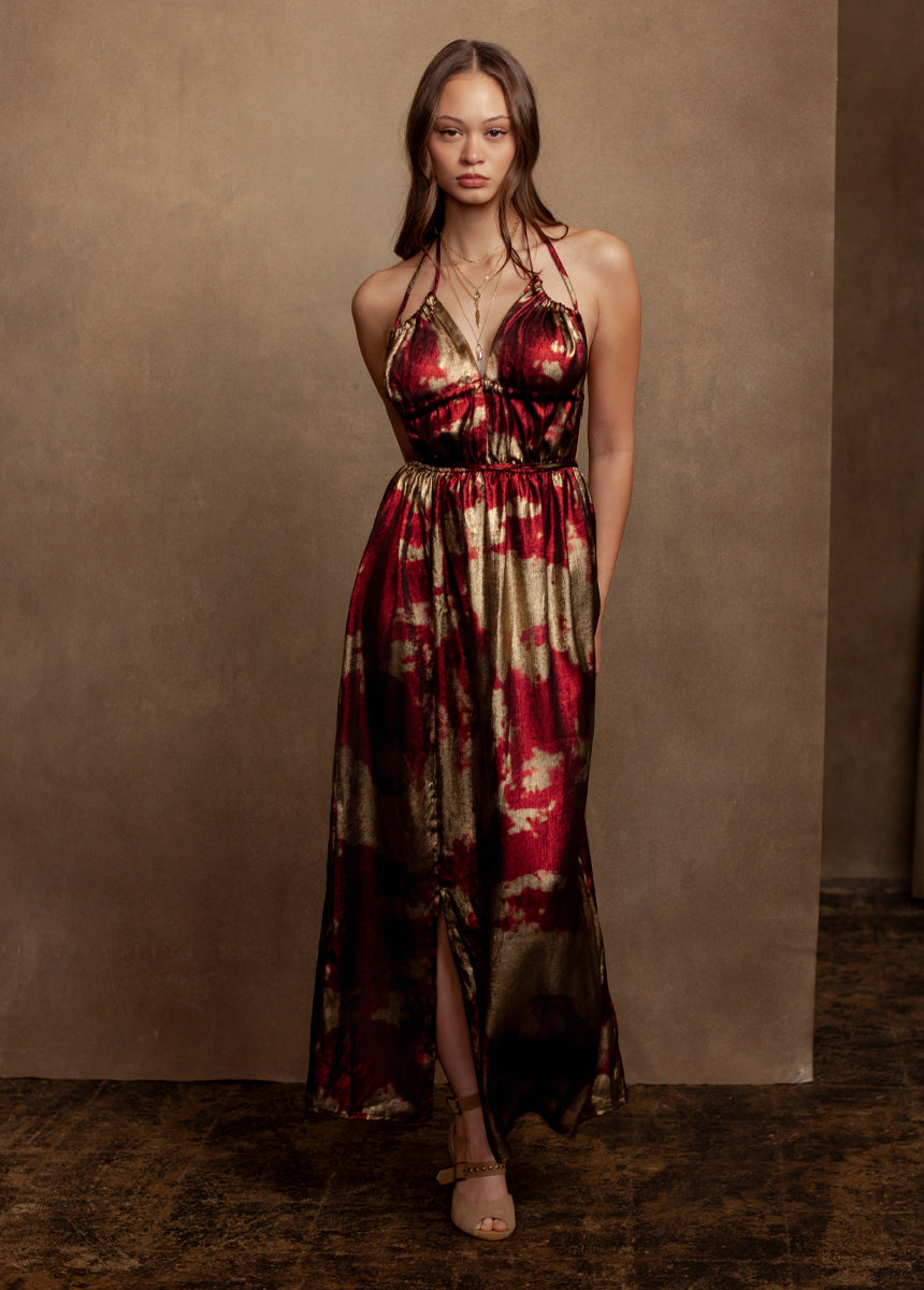 Gail Dress in Gold/Crimson