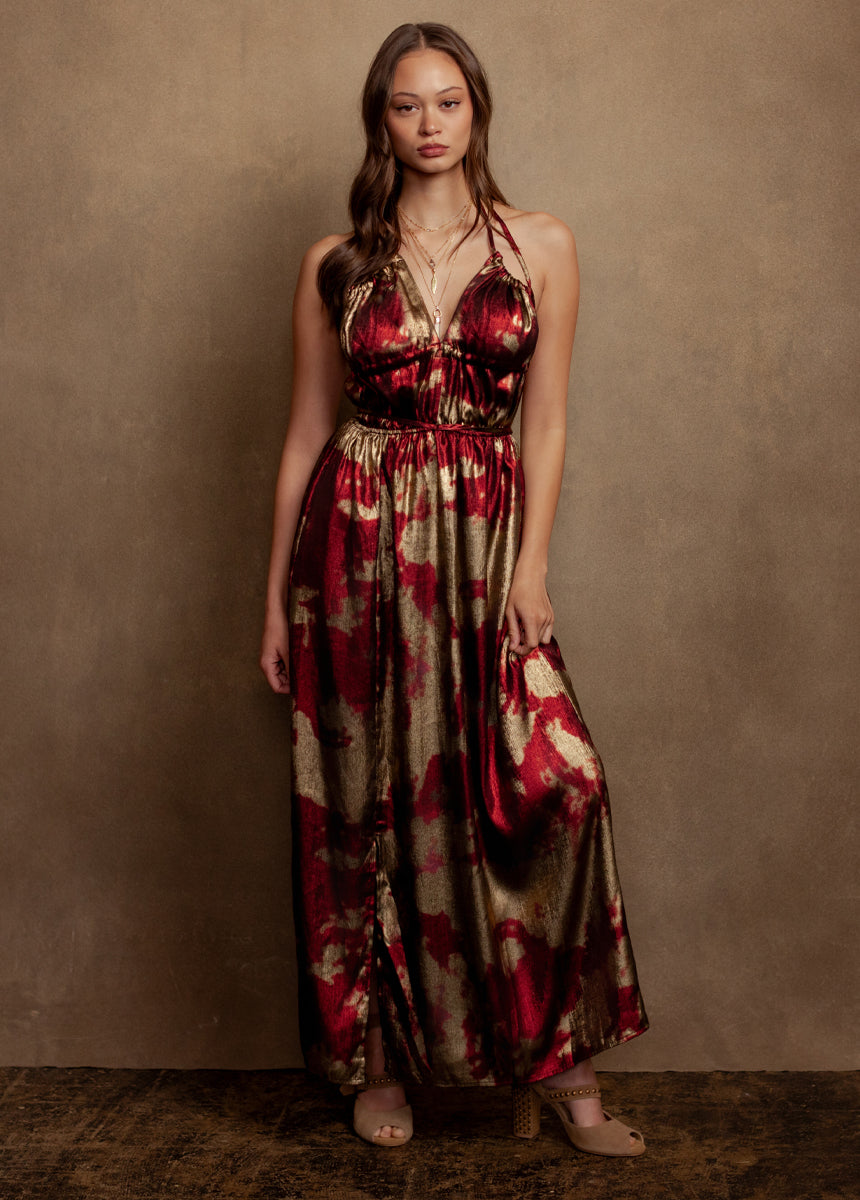 Joyfolie Women's Gail Maxi Boho Dress in Gold/Crimson, Large Joyfolie Women's Gail Maxi Boho Dress in Gold/Crimson, Large
