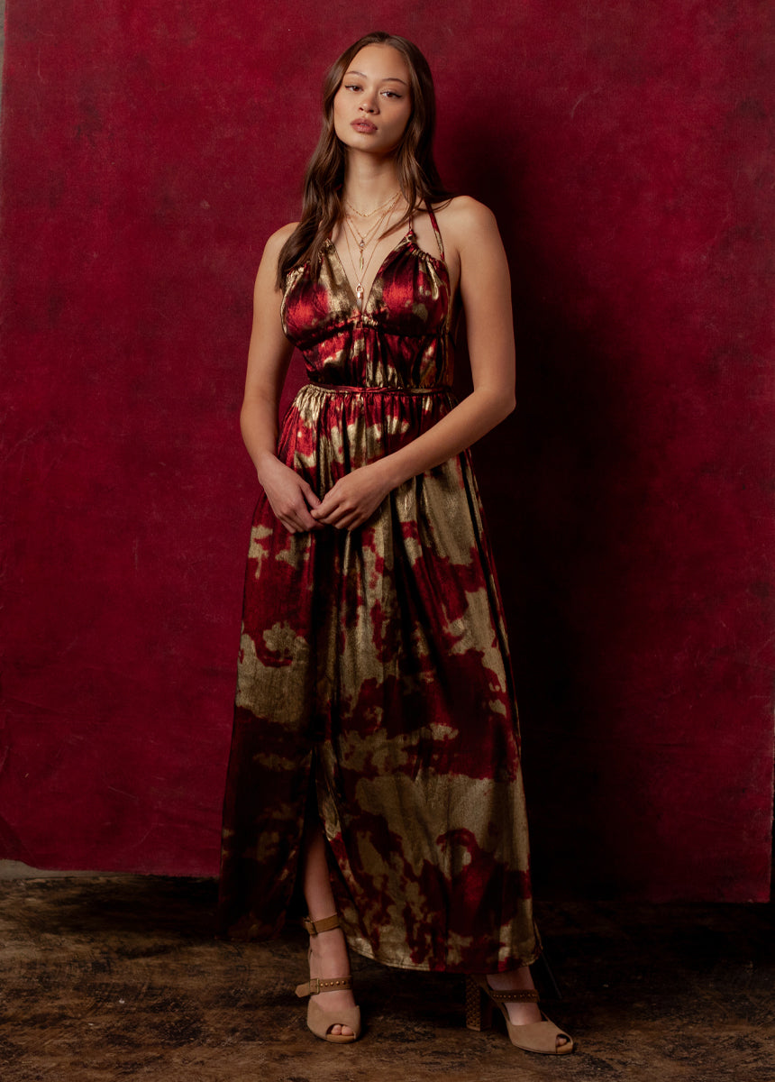 Gail Dress in Gold/Crimson