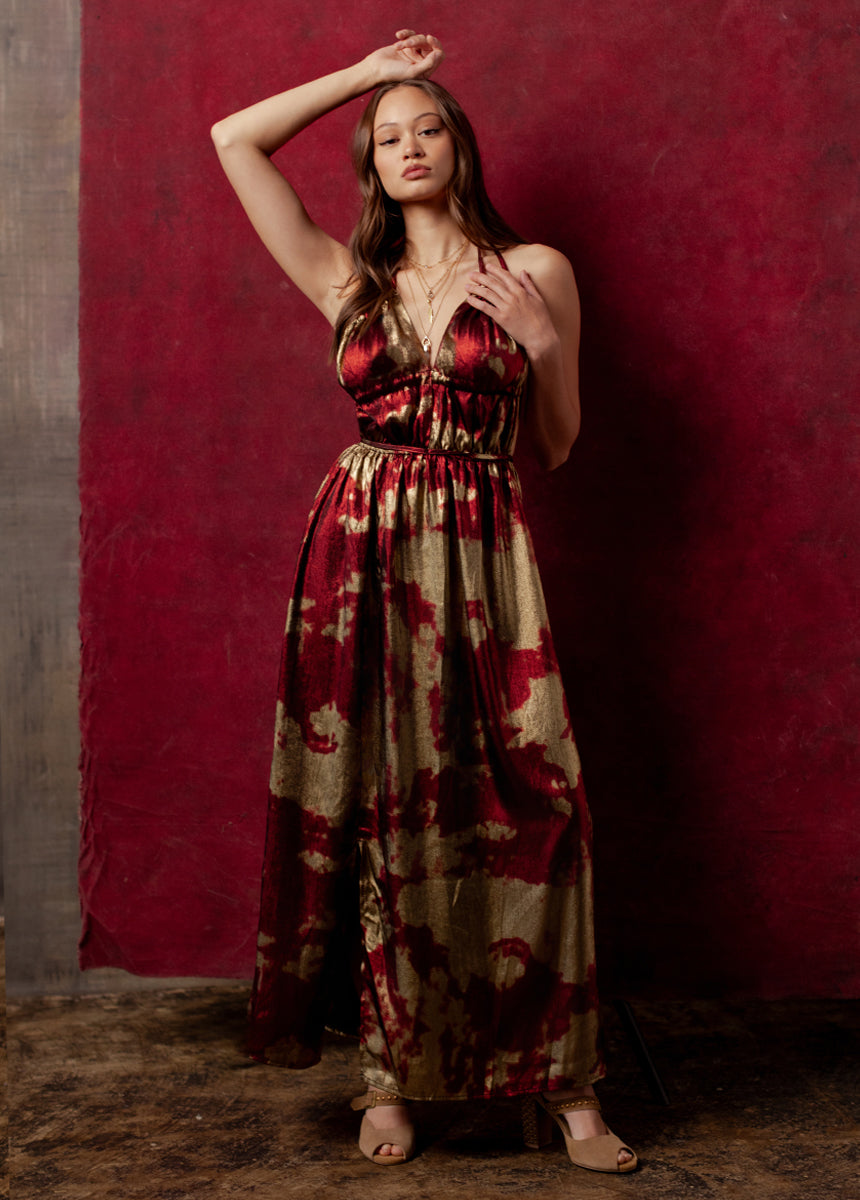 Gail Dress in Gold/Crimson