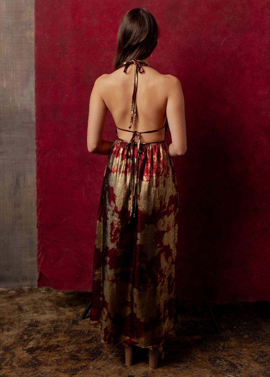 Gail Dress in Gold/Crimson