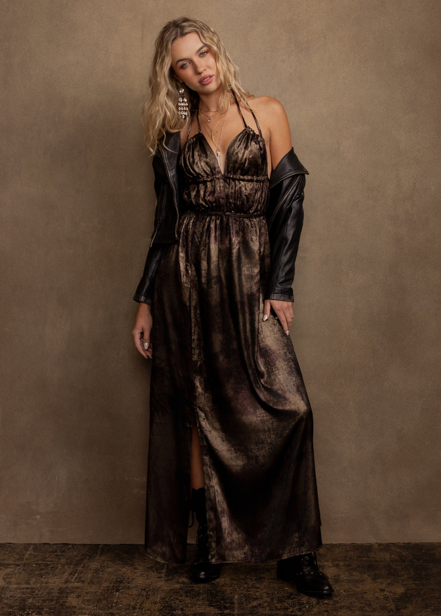 bronze brown dress Nour Shimmer Maxi Dress - Bronze Brown, XS | AU6