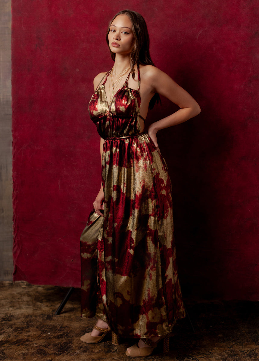 Gail Dress in Gold/Crimson
