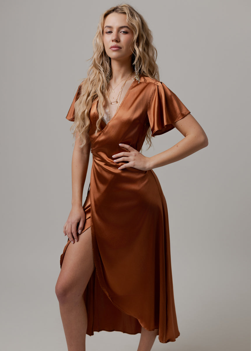 Joyfolie Women's Giulia Silk Maxi Boho Dress in Copper, Extra Small Joyfolie Women's Giulia Silk Maxi Boho Dress in Copper, Extra Small