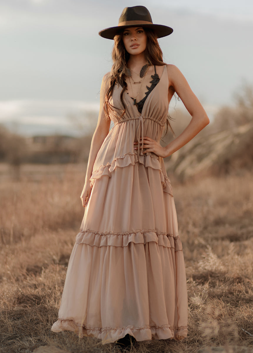 Joyfolie Women's Hadleigh Maxi Dress in Warm Taupe, Extra Large