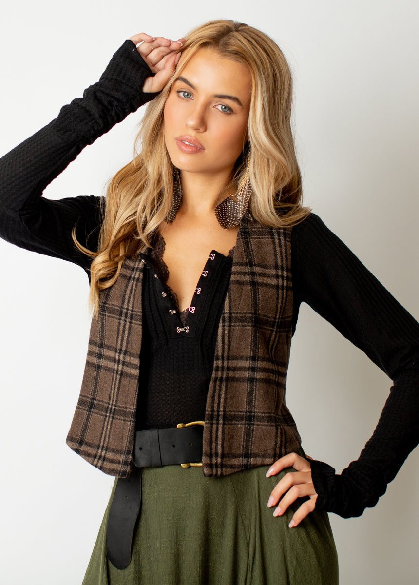 Mikah Vest in Dark Taupe Plaid