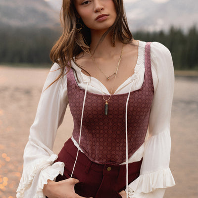 Journee Corset Top in Oxblood Medallion