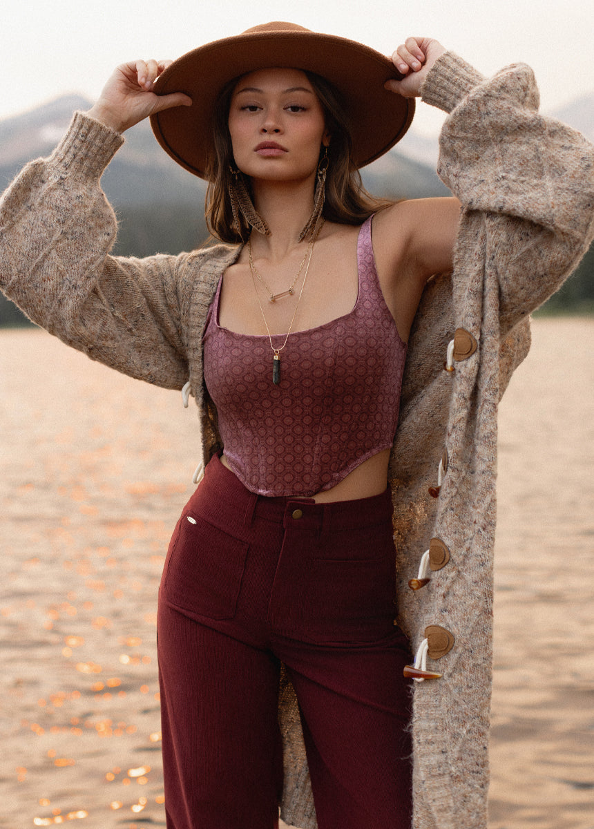 Journee Corset Top in Oxblood Medallion