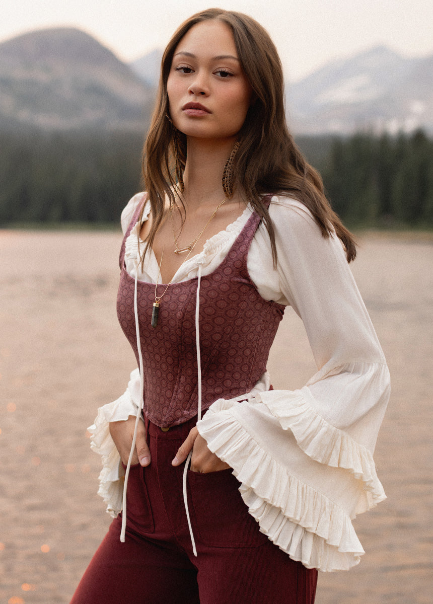 Journee Corset Top in Oxblood Medallion