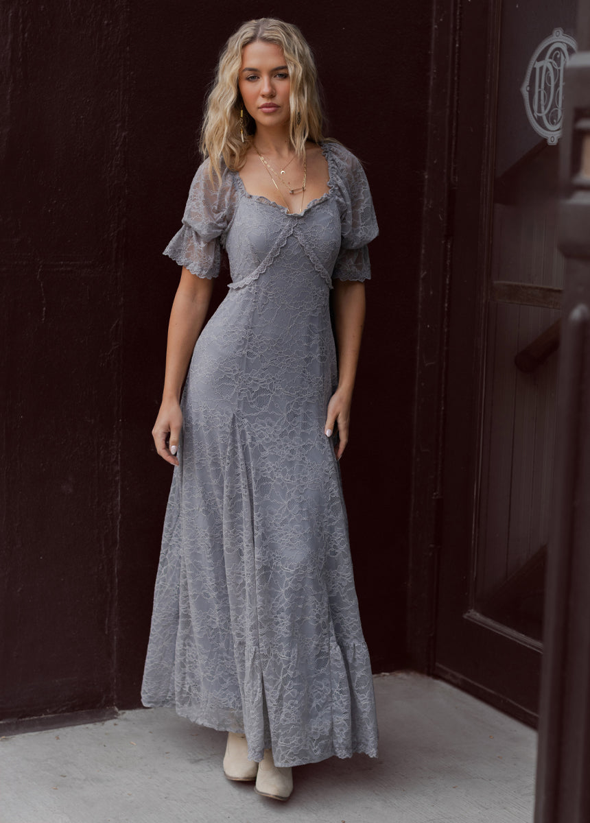 smoky blue dress Smoky Blue Satin Off Shoulder Maxi Dress