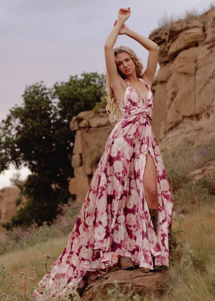 pink watercolor dress Watercolor Lilies Floral Satin Maxi Dress M / pink