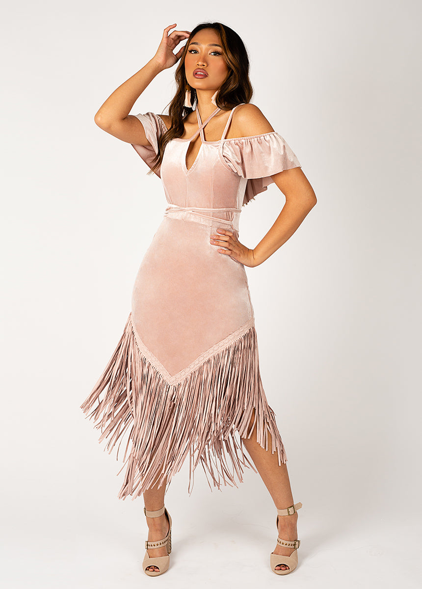 Joyfolie Joyfolie Women’s Klara Fringe Dress in Nude Pink, Medium