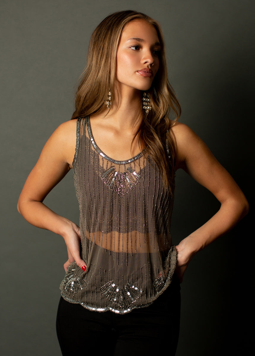 Laken Beaded Top in Taupe