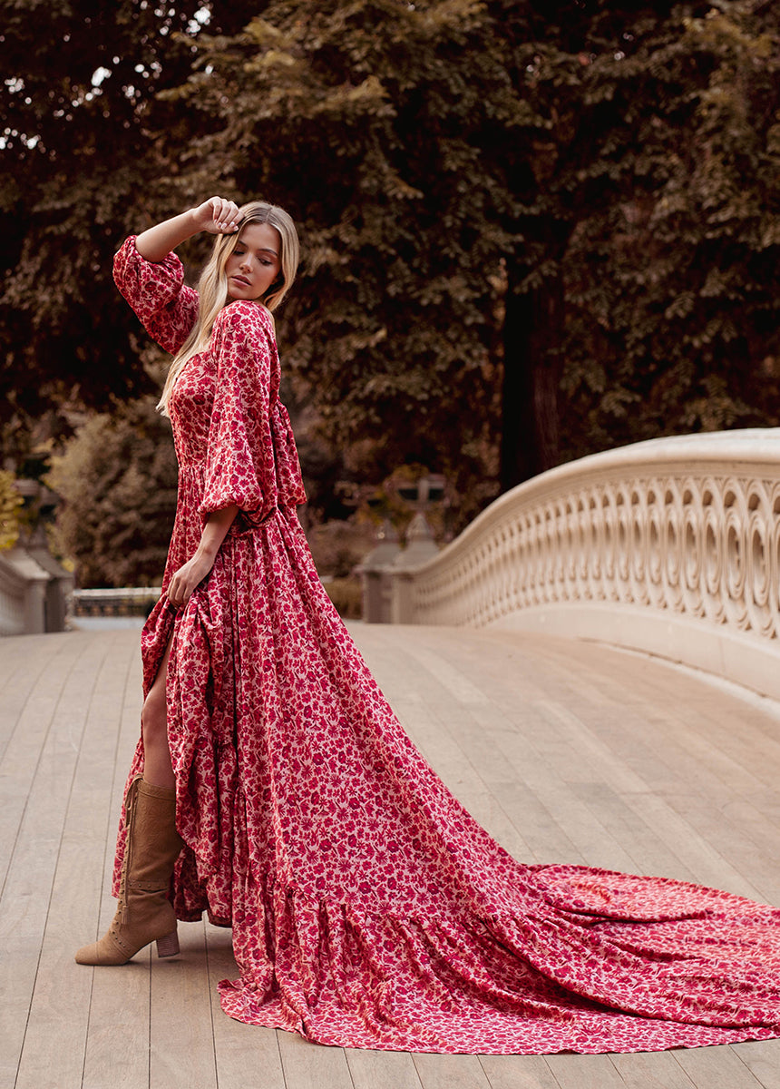 Joyfolie Women's Lorna Impact Maxi Boho Dress in Red Floral, Large Joyfolie Women's Lorna Impact Maxi Boho Dress in Red Floral, Large