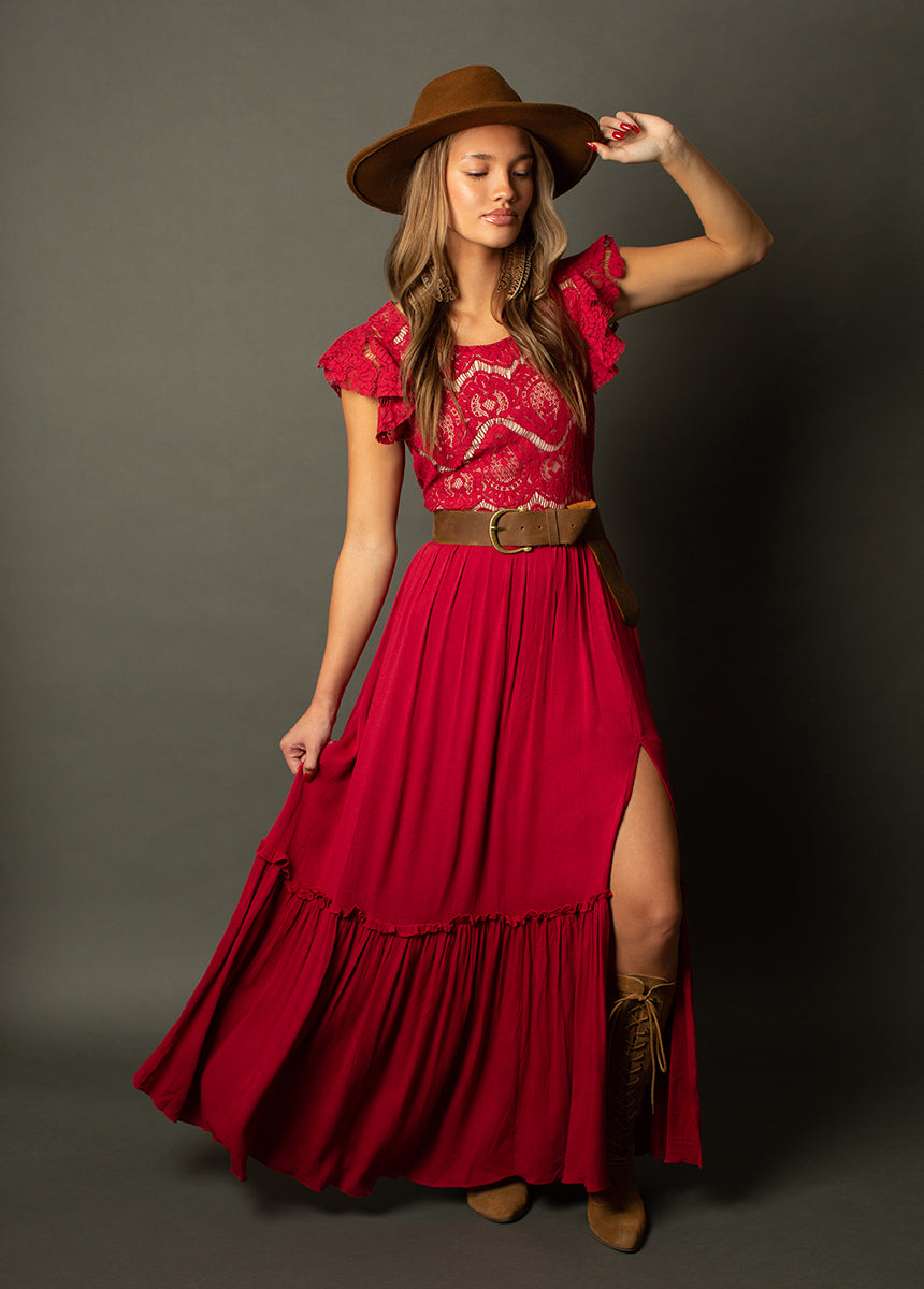 crimson dress Crimson Red Belted Midi Dress for Women