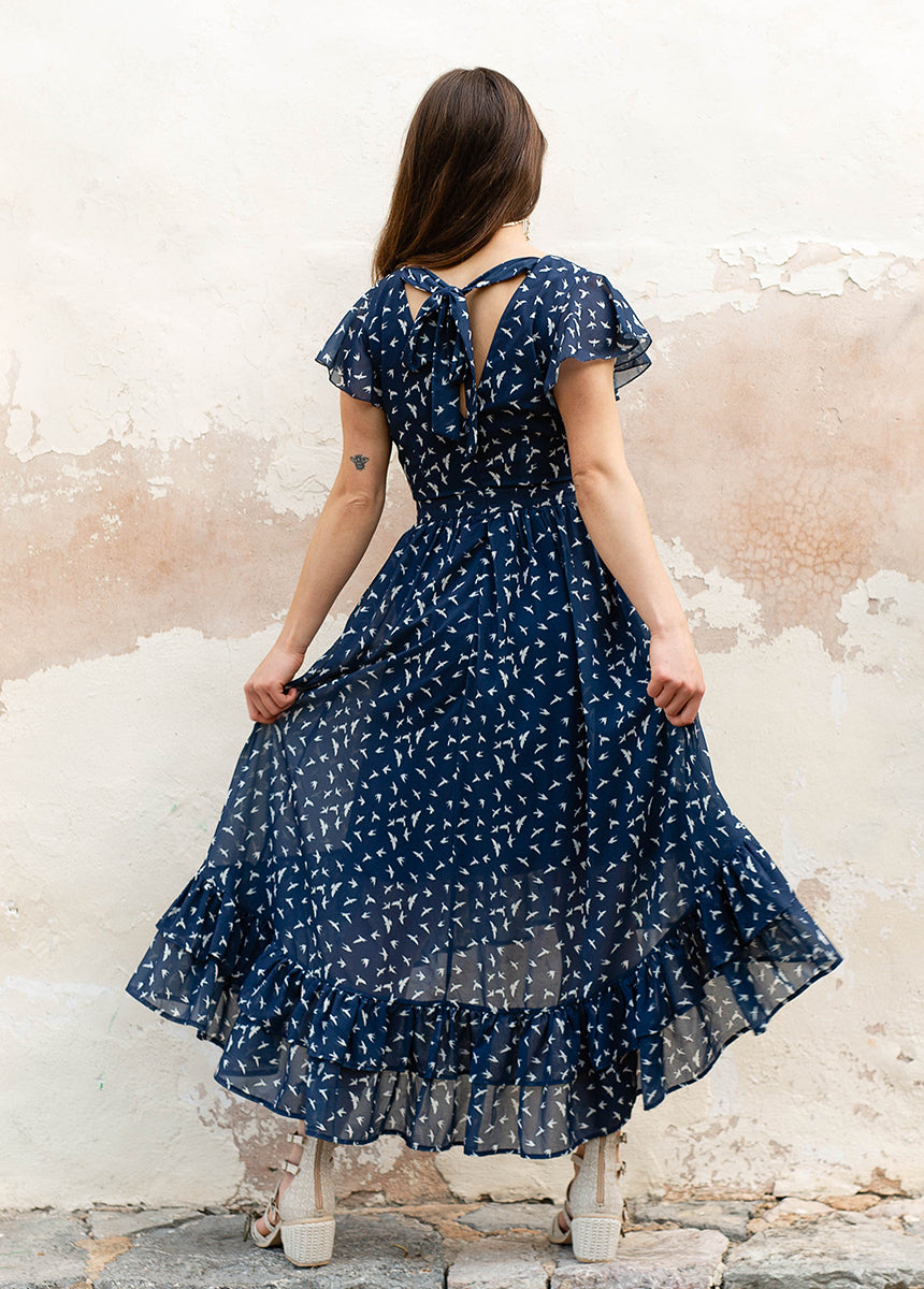 Joyfolie Women's Mia Maxi Boho Dress in Navy Bird Print, Small Joyfolie Women's Mia Maxi Boho Dress in Navy Bird Print, Small