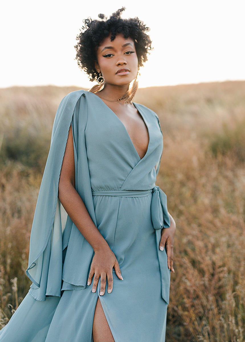 blue wrap dress for women Light Blue Wrap Satin Dress With Flutter Sleeves