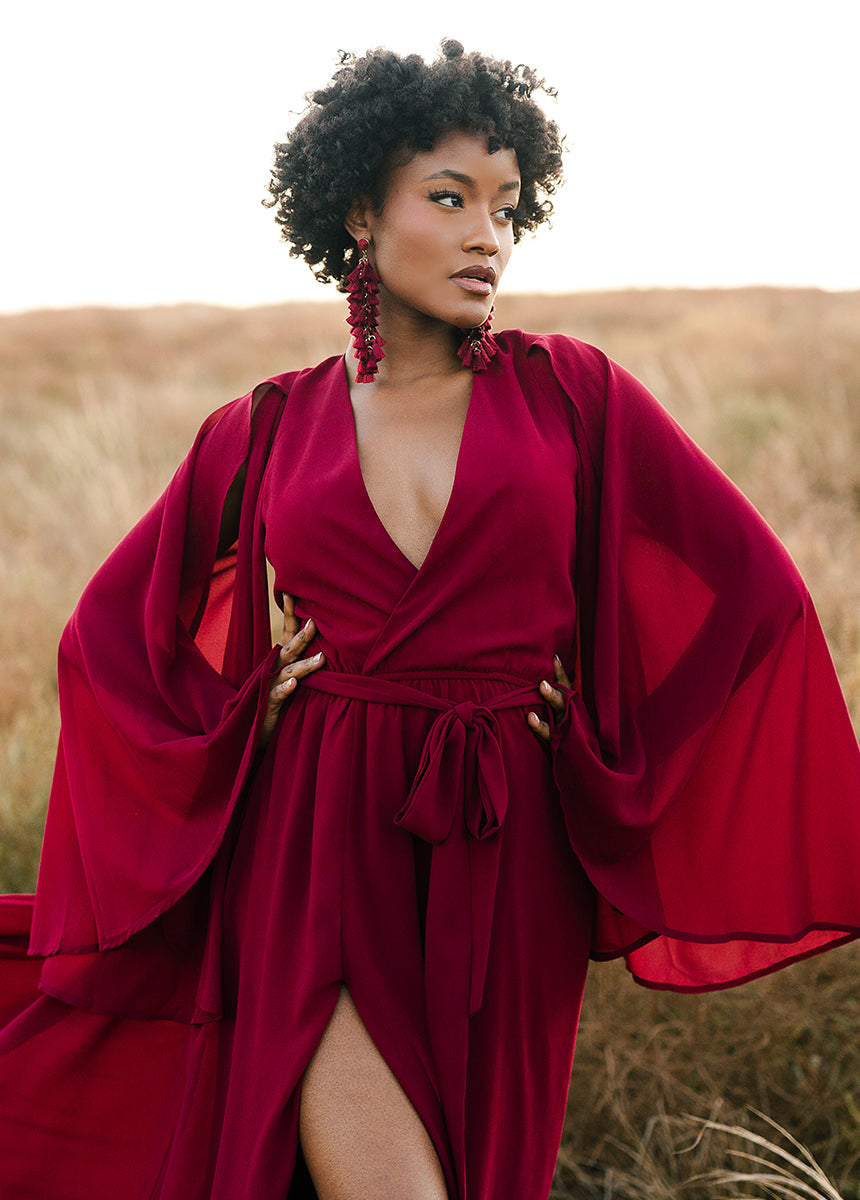 long burgundy wrap dress Burgundy Midi Wrap Dress with Flutter Sleeves