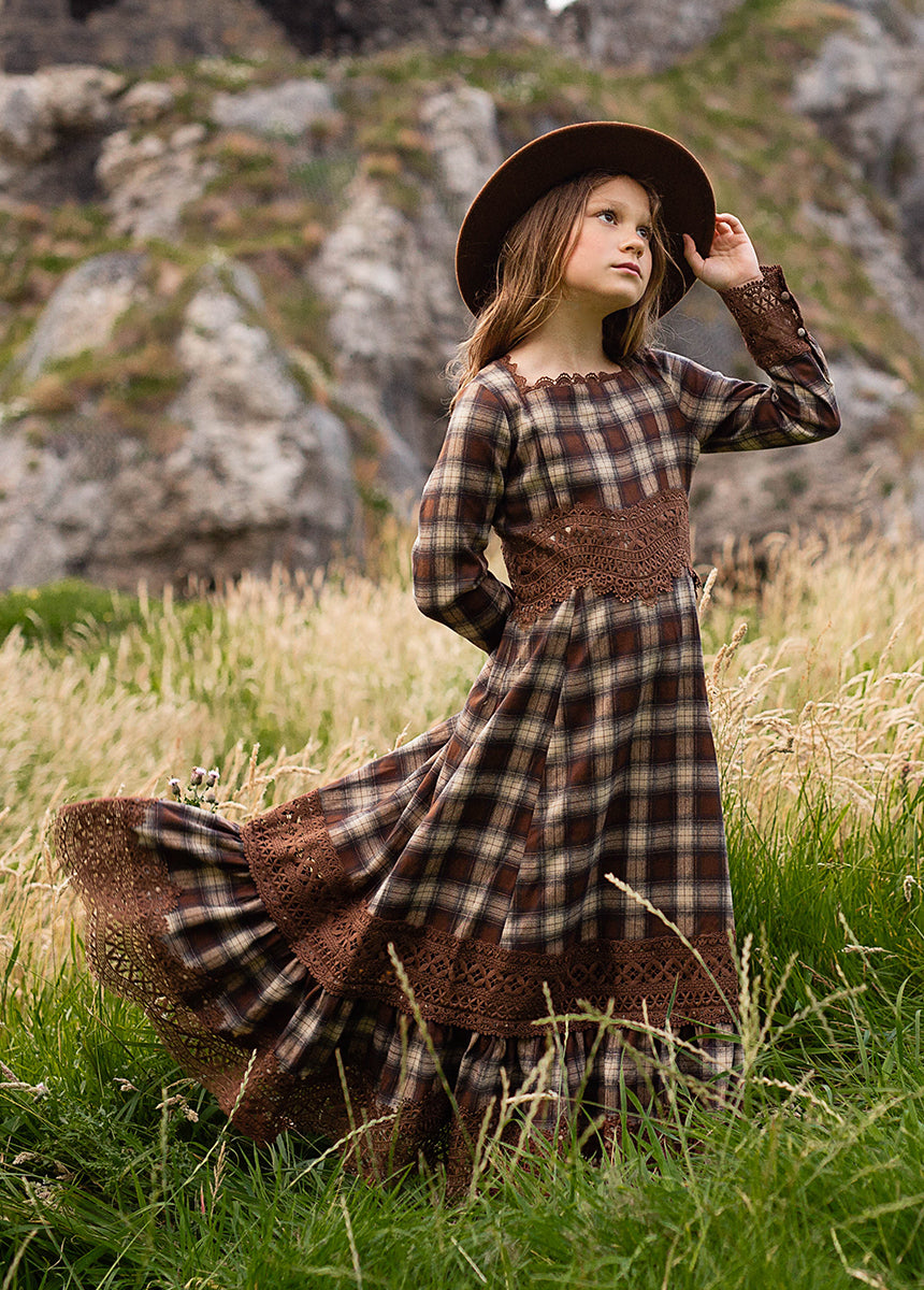 Joyfolie Girls Rosi Boho Dress in Cinnamon Tartan | Boho Plaid Maxi Boho Dress| Joyfolie, Size 6 Joyfolie Girls Rosi Boho Dress in Cinnamon Tartan | Boho Plaid Maxi Boho Dress| Joyfolie, Size 6