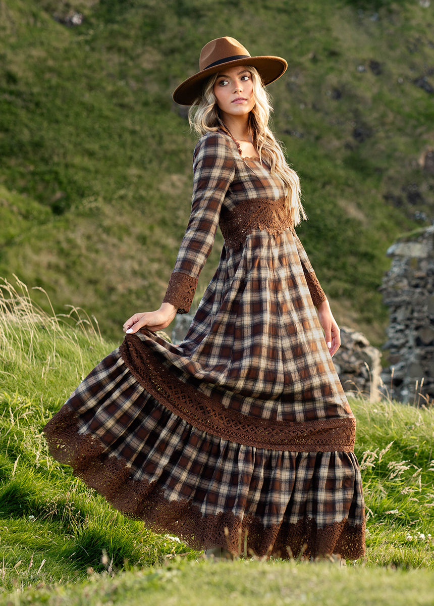 Joyfolie Women's Roisin Maxi Dress in Cinnamon Tartan | Boho Plaid Maxi Maxi Dress