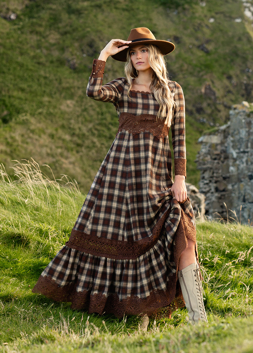 Joyfolie Women's Roisin Maxi Dress in Cinnamon Tartan | Boho Plaid Maxi Maxi Dress