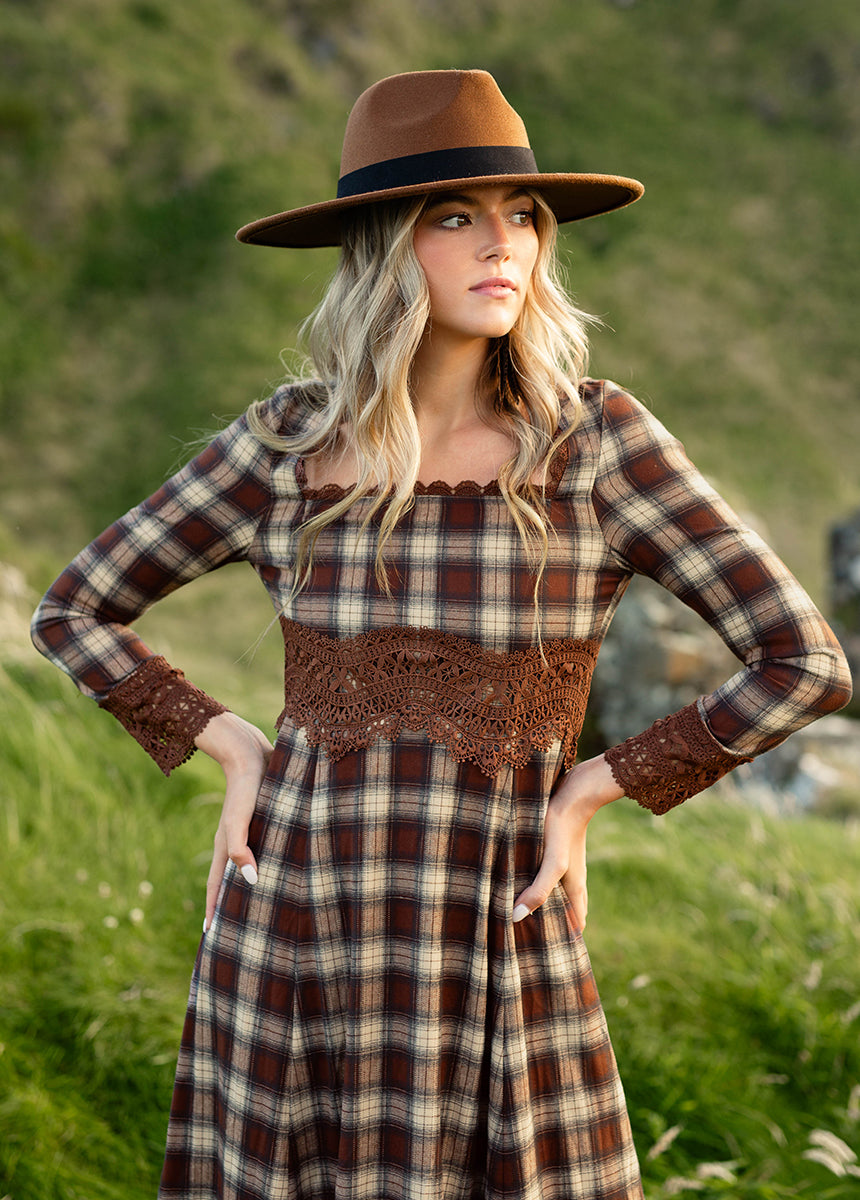 Joyfolie Women's Roisin Maxi Dress in Cinnamon Tartan | Boho Plaid Maxi Maxi Dress