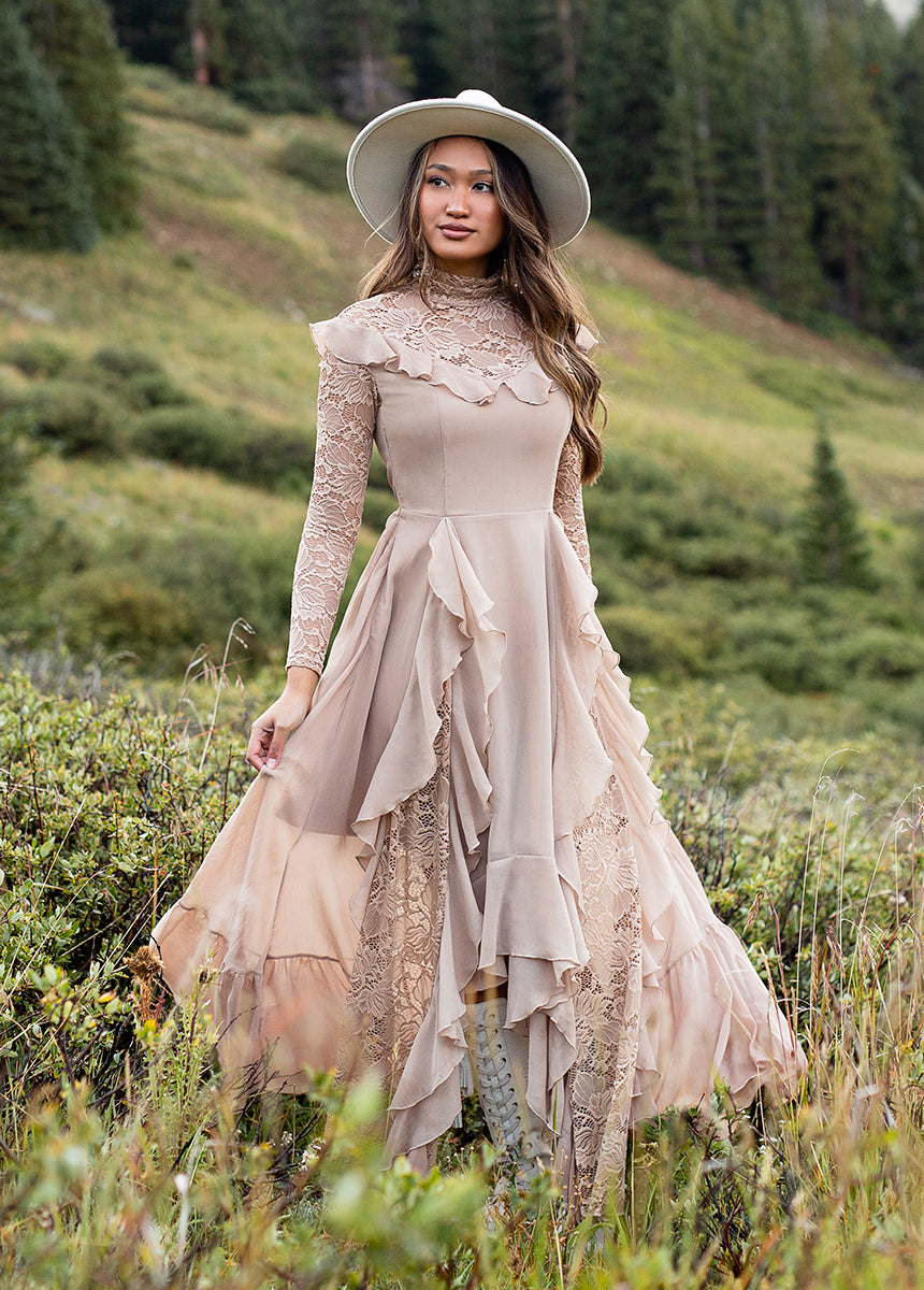 taupe maxi dress Golden Hour Piped low hem Half bodice Joyfolie Women's Sveta Maxi Maxi