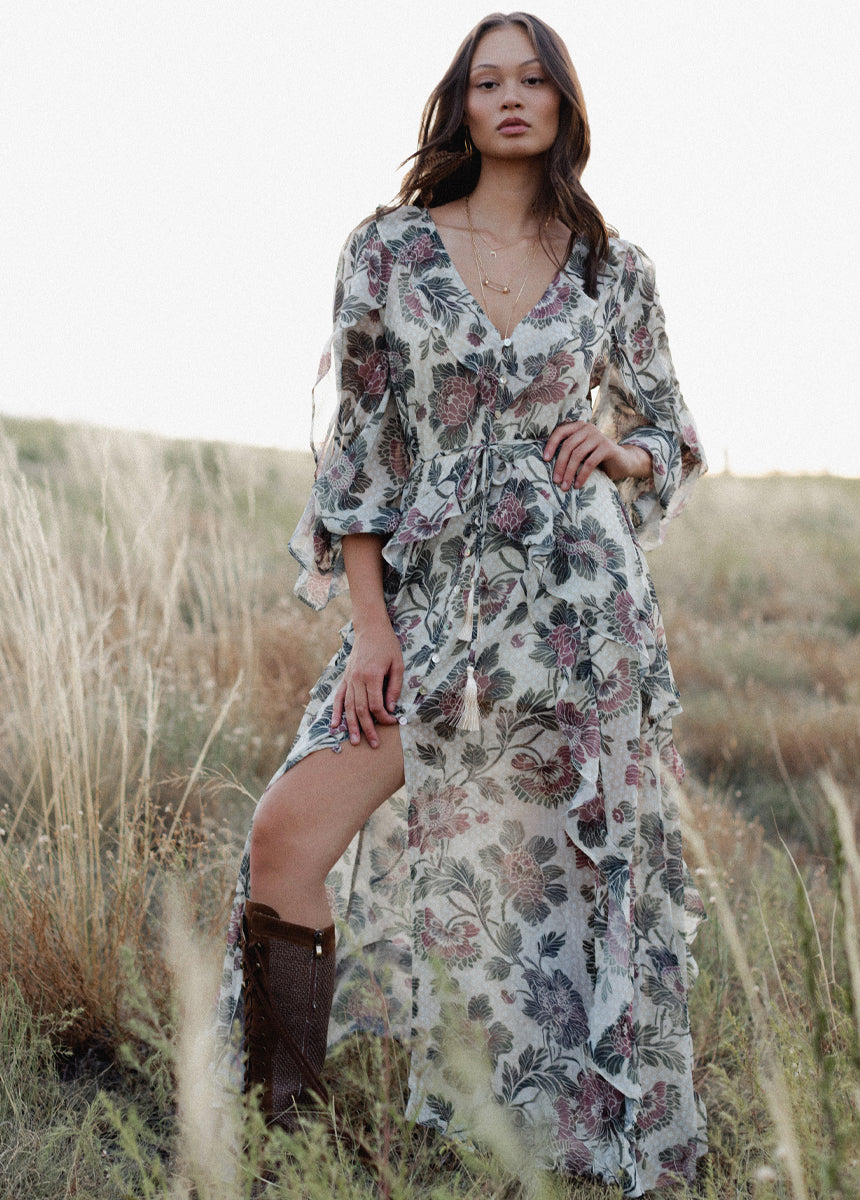 Joyfolie Women's Twyla Dress in Cream Floral, Extra Extra Small