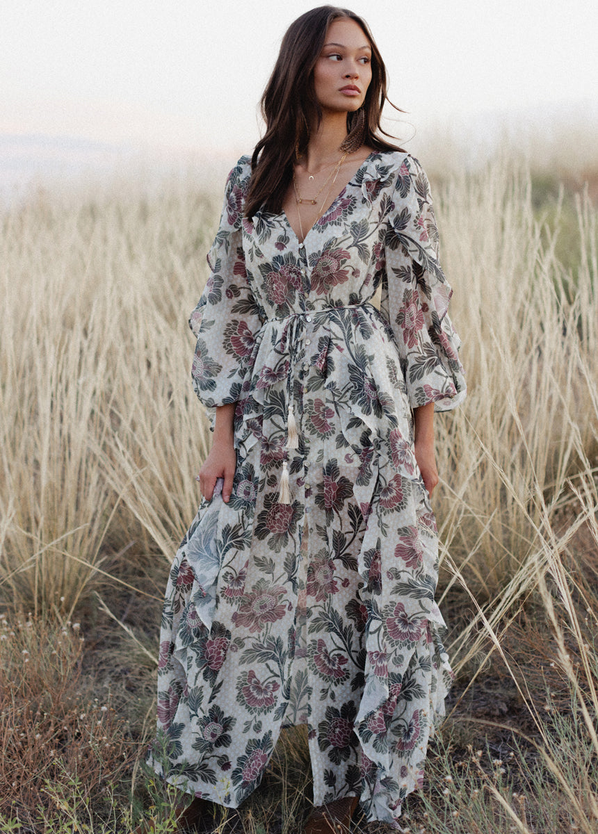 Joyfolie Women's Twyla Maxi Boho Dress in Cream Floral, Extra Extra Small Joyfolie Women's Twyla Maxi Boho Dress in Cream Floral, Extra Extra Small