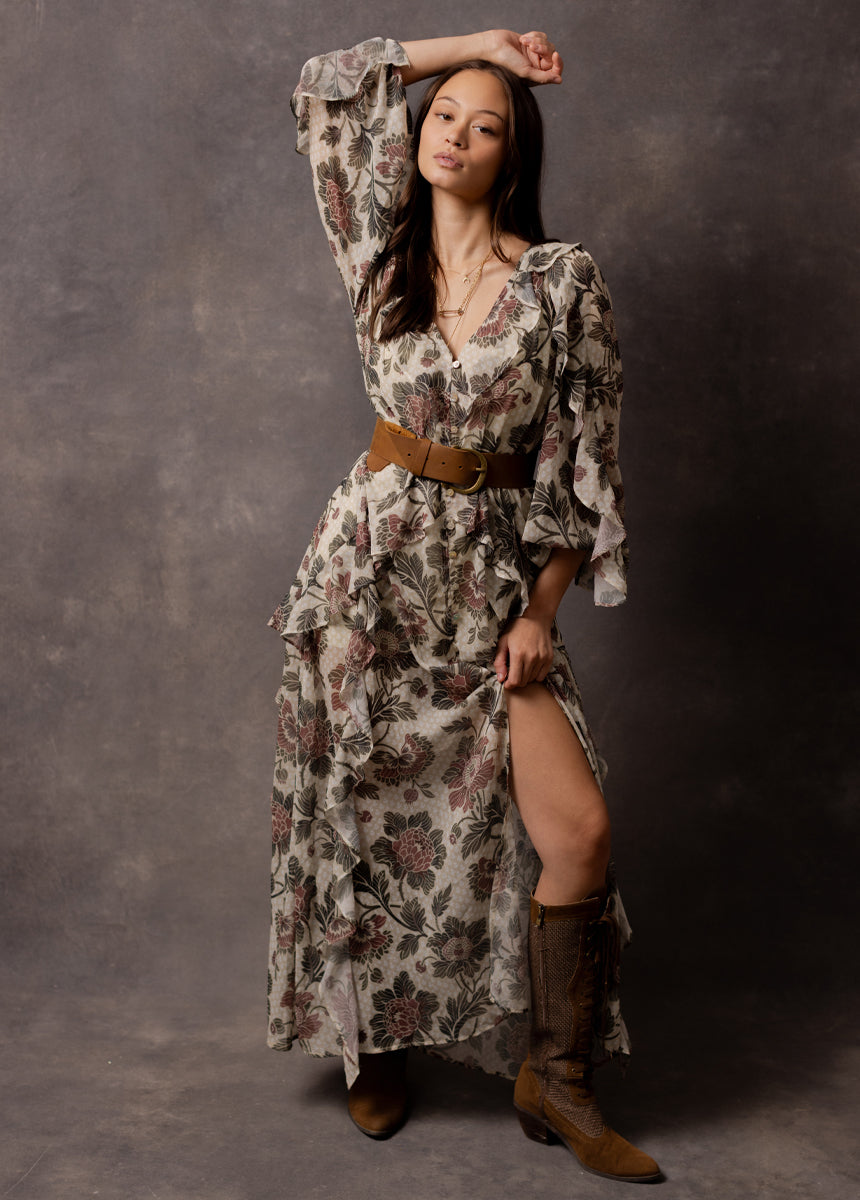 Joyfolie Women's Twyla Maxi Boho Dress in Cream Floral, Extra Extra Small Joyfolie Women's Twyla Maxi Boho Dress in Cream Floral, Extra Extra Small