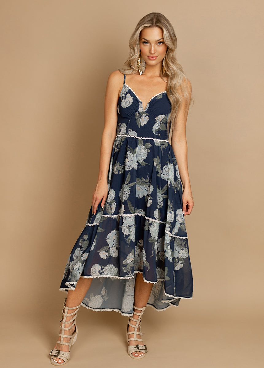 Joyfolie Women's Vola Maxi Boho Dress in Large Navy Floral, Large Joyfolie Women's Vola Maxi Boho Dress in Large Navy Floral, Large